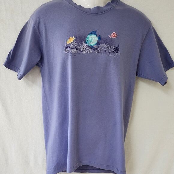 Image Resort Wear VTG  Purple Embroidered Fish swimming in coral t-shirt W sz M - Picture 1 of 7